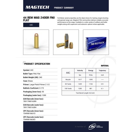 Munitions MAGTECH 44Rem Mag FMJ-Flat 240gr x50